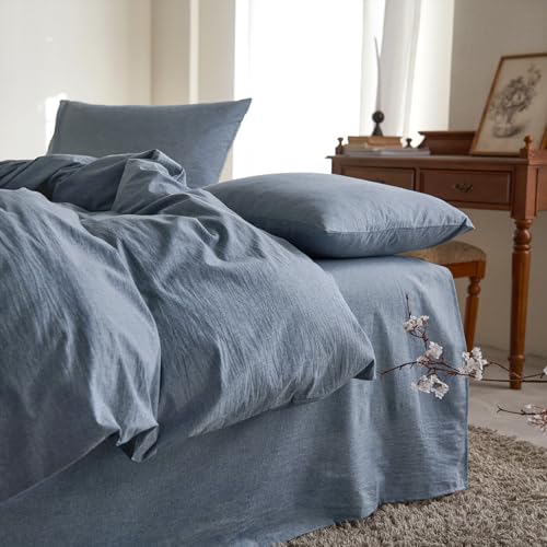 Wake In Cloud - Washed Cotton Duvet Cover Set, Yarn Dyed Plain Solid Color, Comfy and Soft Bedding with Zipper Closure and Corner Ties (3pcs, Denim Blue, Full Size)