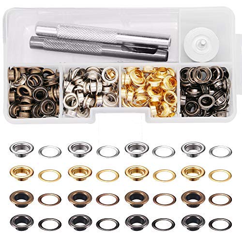 Alritz 1/4 inch Grommet Kit, 200 Sets 4 Colors Plain Grommets and Washers Eyelets with 3 Pieces Installation Tools for Leather Craft Making Clothing Repair