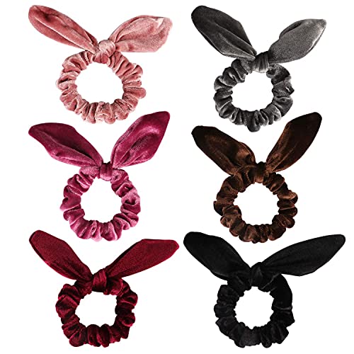 Curasa 6 Pack Bunny Hair Scrunchies Velvet Bobbles Elastic Hair Bands Rabbit Ear Women's Velvet Scrunchy