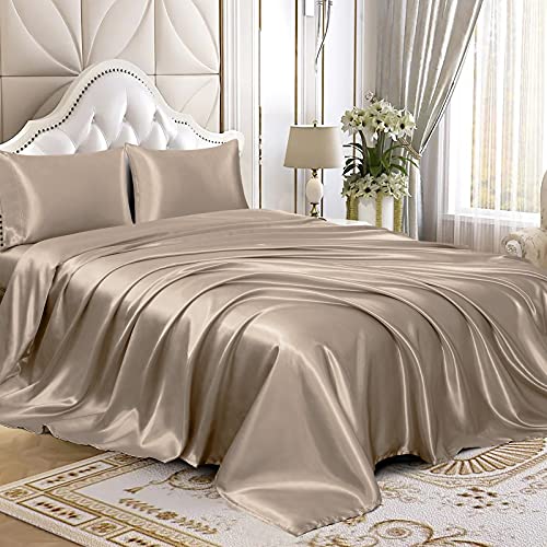 Book Cover Homiest 4pcs Satin Sheets Set Luxury Silky Satin Bedding Set with Deep Pocket, 1 Fitted Sheet + 1 Flat Sheet + 2 Pillowcases (King Size, Taupe)