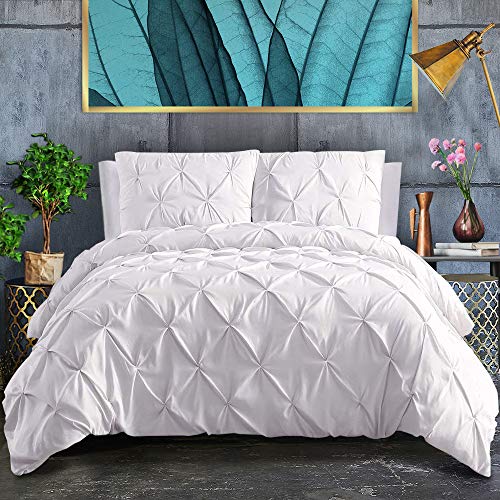 Book Cover AshleyRiver 3 Piece Luxurious Pinch Pleat Decorative Pintuck Duvet Cover Set with Zipper & Corner Ties 100% Brushed Microfiber(Queen White)