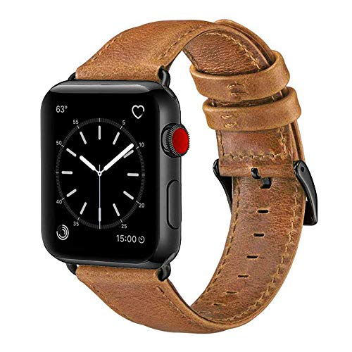 Book Cover OUHENG Compatible with Apple Watch Band 42mm 44mm, Genuine Leather Band Replacement Compatible with Apple Watch Series 4 Series 3 Series 2 Series 1 (42mm 44mm) Sport and Edition, Retro Brown