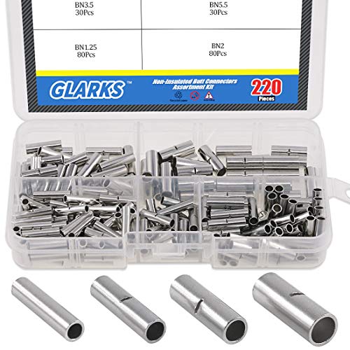Book Cover Glarks 220Pcs Non-Insulated Butt Connectors Assortment Kit, 22-16/16-14/14-12/12-10 AWG Gauge Seamless Uninsulated Electrical Wire Ferrule Cable Crimp Terminal Kit for Electrical Splice DIY