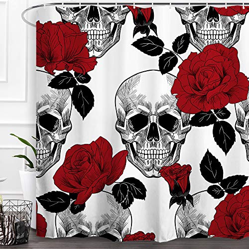 Book Cover Baccessor Skulls Shower Curtain Sugar Roes Flowers Skull Skeleton Halloween All Saints Day Black and White Waterproof Bathroom Decor with Hooks,72