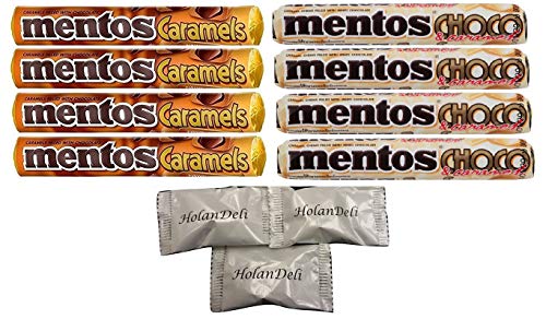 Book Cover Mentos Variety pack (4 - Caramel & Chocolate and 4 - Caramel & White Chocolate) Pack of 8 rolls. Includes HolanDeli Mints.