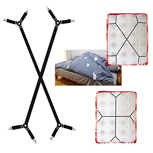Book Cover AILZPXX Bed Sheet Fasteners Holder Straps, 2 Pcs Adjustable Triangle Fitted Sheet Clips Grippers Suspenders, Elastic Crisscross Corner Holders for All Bedsheet Flat Sheets (Black)