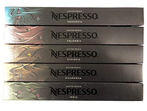 Book Cover Nespresso OriginalLine Master Origin Variety Pack: Colombia, Ethiopia, India, Indonesia, Nicaragua, 50 Capsules - NEW - ''NOT compatible with Vertuoline''