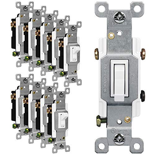 ENERLITES Toggle Light Switch, 3-Way or Single Pole, 15A 120-277V, Grounding Screw, Residential Grade, UL Listed, 83150-W-10PCS, White (10 Pack), 10 Count