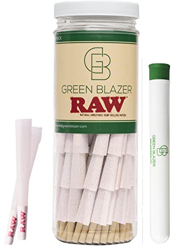 RAW Cones 1 1/4 Size: 100 Pack - Organic Rolling Cones with Tips, Patented Slow Burning Rolling Papers, Green Blazer Tube