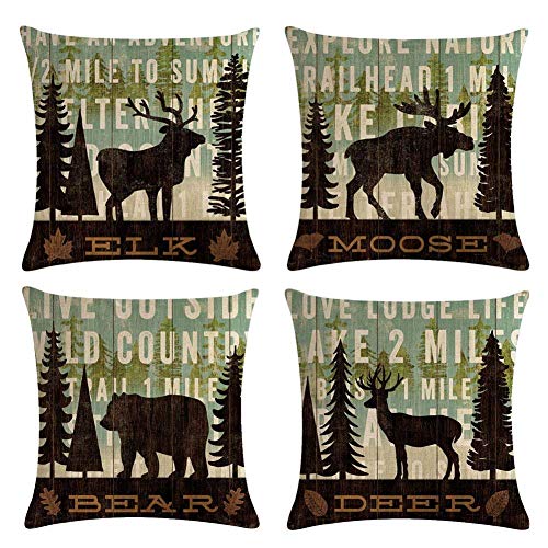 Book Cover MOMIKA Vintage Background Wildlife Elk Moose Bear Deer Pine Tree Forest Throw Pillow Covers Cotton Linen Pillowcase Cushion Cover Home Office Decor Square 18