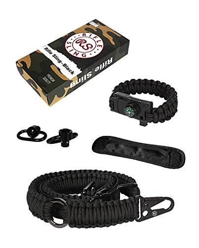 Book Cover RS Rifle Sling Traditional 2-Point 550 Paracord RS Rifle Sling Complete Bundle | Two Point Strap | Bonuses Sling Swivels & Survival Bracelet