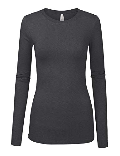Book Cover COLOR STORY Womens Junior Basic Solid Multi Colors Slim Fit Long Sleeve Round Neck Top - Black - Medium