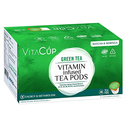 Book Cover VitaCup Green Tea 45 ct. Top Rated Tea Cups with Matcha & Moringa Infused With Essential Vitamins B12, B9, B6, B5, B1, D3, Pods Compatible with K-Cup Brewers including Keurig 2.0