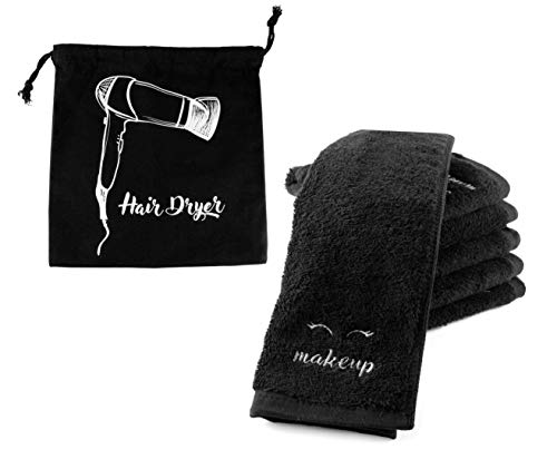 Black Makeup Washcloths (6-Pack); Make-up Remover Face Towels + Bonus Hairdryer Bag (7-Piece Set)