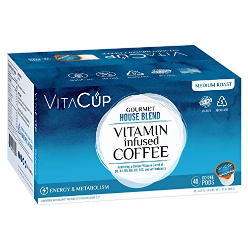 VitaCup Gourmet House 45 ct. Top Rated Coffee Cups Infused With Essential Vitamins B12, B9, B6, B5, B1, and D3, Pods Compatible with K-Cup Brewers including Keurig 2.0