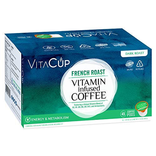 VitaCup French Roast 45 ct. Top Rated Coffee Cups Infused With Essential Vitamins B12, B9, B6, B5, B1, and D3, Pods Compatible with K-Cup Brewers including Keurig 2.0