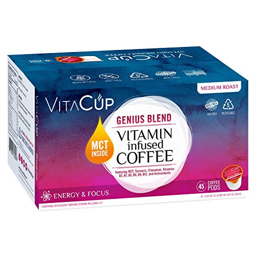 VitaCup Genius Coffee Pods 45 ct with MCT, Turmeric, Vitamins, Cinnamon, Keto|Paleo|Whole30 Friendly, B12, B9, B6, B5, B1, D3, Compatible with K-Cup Brewers Including Keurig 2.0, Top Rated Cups