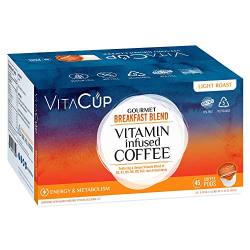 VitaCup Gourmet Breakfast 45 ct. Coffee Pods Infused With Essential Vitamins B12, B9, B6, B5, B1, and D3, Pods Compatible with K-Cup Brewers including Keurig 2.0