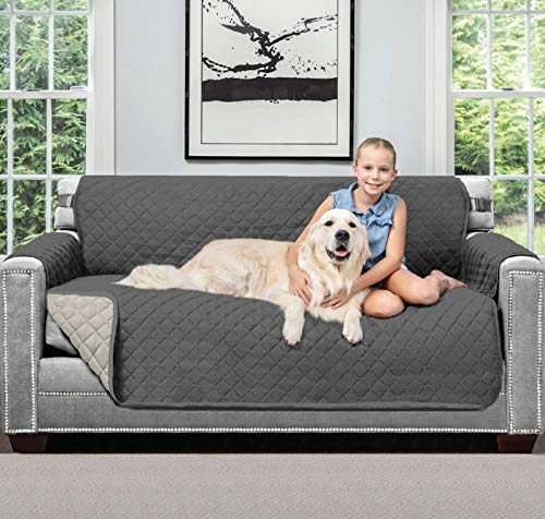 Sofa Shield Original Patent Pending Reversible Small Sofa Protector for Seat Width up to 62 Inch, Furniture Slipcover, 2 Inch Strap, Couch Slip Cover Throw for Pets, Kids, Cats, Sofa, Charcoal Linen