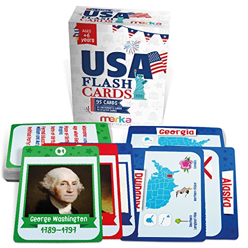 merka United States Flashcards â€“ Cards with Facts and Pictures for All 50 States and The First 45 Presidents â€“ A Great Way to Learn The US State Capitals â€“ for Toddlers and Grade School Kids