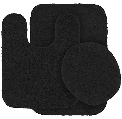 Linen Plus 3pc Solid Non Slip Bath Rug Set for Bathroom U-Shaped Contour Rug, Mat and Toilet Lid Cover New # Mary (Black)
