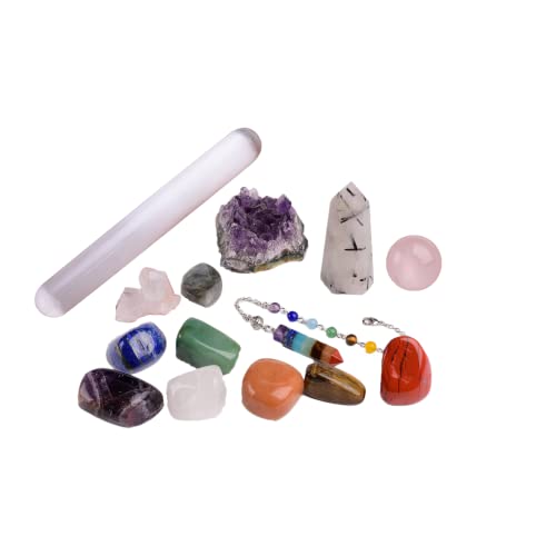 14 Pcs Healing Crystals for Chakra Balancing: tumbles Stones,Crystal Quartz Pendulum, Amethyst Cluster, Raw Rose Quartz Ball, Black Tourmaline Quartz, Irregular Labradorite, by JIC Gem