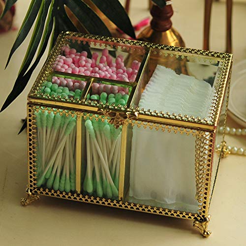 Hersoo Gold Dustfree Antique Decorative Box with 4Compartments for Cotton Ball/Pad/Swab/Q Tips/Makeup Sponges/Vanity Countertop Display Showcase for Desser/Jewelry/Lipstick/Perfume/Bathroom Organizer