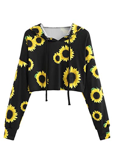 ROMWE Women's Long Sleeve Hooded Floral Print Crop Hoodie Sweatshirt
