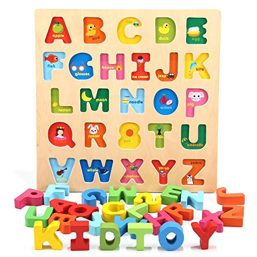 Jamohom Wooden Alphabet Puzzle, ABC Letter Puzzles for Toddlers 1 2 3 Years Old, Educational Learning Toys for Toddlers, Alphabet Toys with Puzzle Board & Letter Blocks, Best Gifts for Boys and Girls