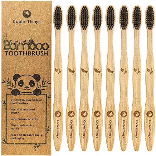 8 Pack - Biodegradable Natural Charcoal Bamboo Toothbrushes (Two Packs of 4 | BPA Free Soft Bristles | Biodegradable, Compostable, Eco Friendly, Natural, Organic, Vegan, Kooler-Things