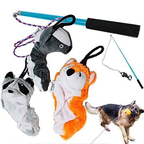 Jalousie Dog Flirt Pole with Three Squeaky Toys Plush Toys Dog Teaser Wand Chase it Dog Toy with Refills (Dog Flirt Pole w/Three Toys)