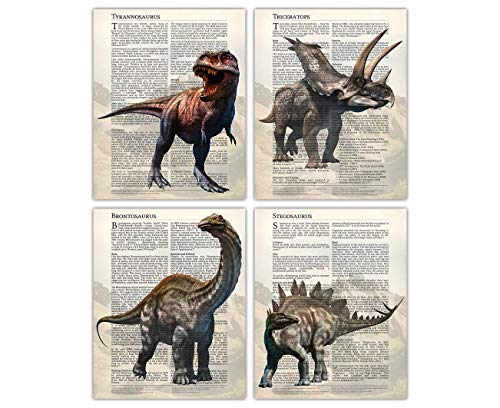 Book Cover TRex, Triceratops, Brontosaurus, Stegosaurus Dinosaur Wall Art Posters: Dino Decorations for Nursery, Kids, Girls & Boys Room | Set of 4 Unframed Bedroom & Bathroom Decoration & Decor Poster 8x10