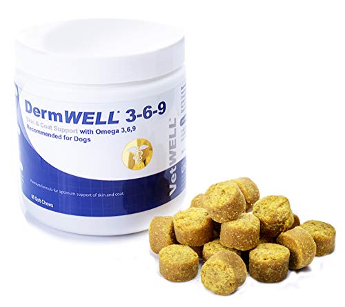 VetWELL Omega 3 6 9 for Dogs - Dry Skin Treatment for Dogs, Helps Relieve Itching Skin, Allergy Symptoms and Improves Coat - DermWELL Omega 3-6-9 Fish Oil Soft Chews - 60 Count