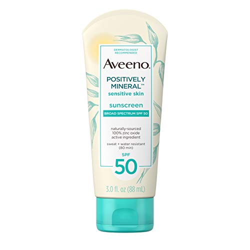 Book Cover Aveeno Positively Mineral Sensitive Skin Daily Sunscreen Lotion with SPF 50 100 Zinc Oxide NonGreasy Sweat WaterResistant Sheer Sunscreen for Face Body TravelSize, Unscented, 3 Fl Oz