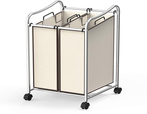 Simple Houseware 2-Bag Heavy Duty Rolling Laundry Sorter Cart, Chrome – 2 Section Removable Bags and Lockable Wheels for Laundry Room Organization