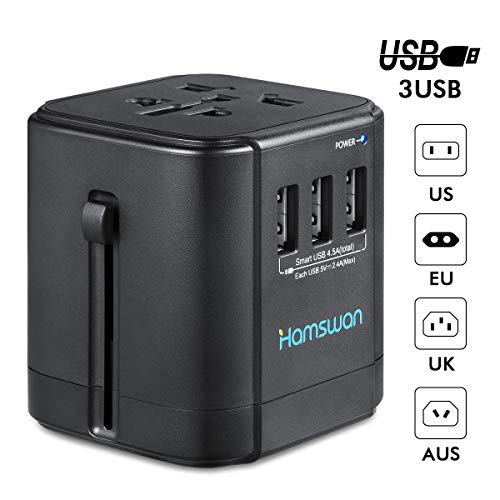 Universal Travel Adapter, HAMSWAN All-in-One BST-622A World Travel Adapter with 4.5A 3 USB Ports for US EU UK AU & Asian Countries, 150+ Countries, Travel Pouch
