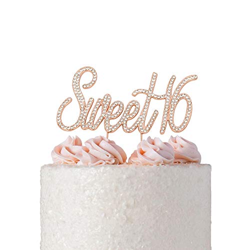 Sweet 16 Cake Topper | Rose Gold Sweet Sixteen Rhinestone Cake Topper | 16th Birthday Party Decorations | Premium Sparkly Bling Crystal Diamond Rhinestone Gems | Quality Metal Alloy | (Sweet 16 Rose)