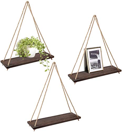 Mkono Wood Hanging Shelves for Wall Boho Decor Swing Rope Rustic Floating Shelf , Set of 3 Wall Display Shelving Home Organizer Rack for Living Room Bedroom Bathroom Kitchen,Brown