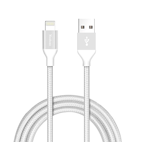 Yoobao 3ft iPhone Charger Lightning Cable Apple MFi Certified USB Charging Cable Cord Nylon Braided Compatible iPhone X/8/8 Plus/7/7 Plus/6/6s Plus/5/5S, iPad Mini 4 3 2/Pro/Air - Silver