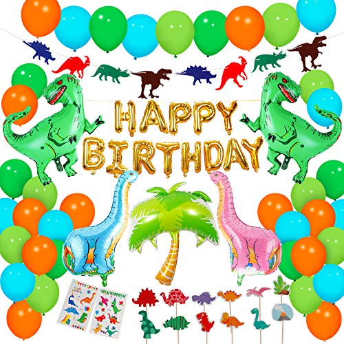 Book Cover Dinosaur Party Supplies - 90 pcs for Birthday Decorations Dino Party Decorations for kids dinosaur party favors Dinosaur party balloons Dinosaur Cake Topper jungle Latex Balloons with Pump tattoo