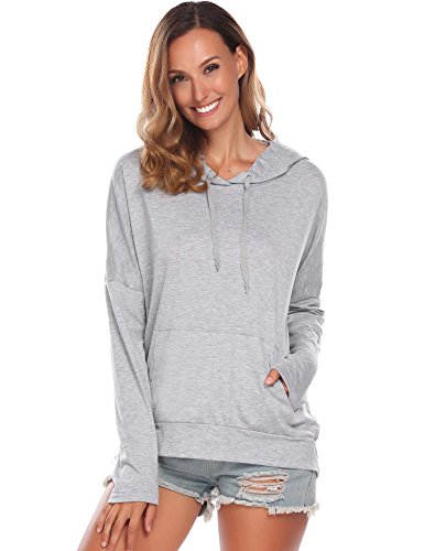 HAPLICA Women's Long Sleeve Loose Pullover Sweatshirt Hoodies Tops with Kangaroo Pocket Gray L