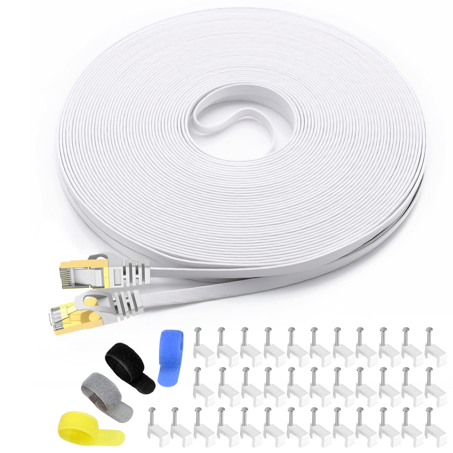 Cat 7 Shielded Ethernet Patch Cable 100 ft White (Highest Speed Cable) Cat7 Flat Internet Network Cable with Snagless RJ45 Connector for Modem, Router, LAN, Computer + Free Cable Clips and Straps White Cat7-100ft