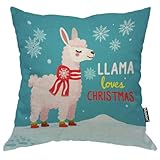 Moslion Llama Pillow Cover Cute Llama with Christmas Striped Scarf Snowflake Throw Pillow Case 18x18 Inch Cotton Linen Square Cushion Decorative Cover for Sofa Bed Red White Blue