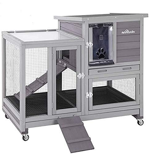 Book Cover Upgrade Rabbit Hutch Rabbit Cage Indoor Bunny Hutch with Run Outdoor Rabbit House with Two Deeper No Leak Trays - 4 Casters Include (Grey)