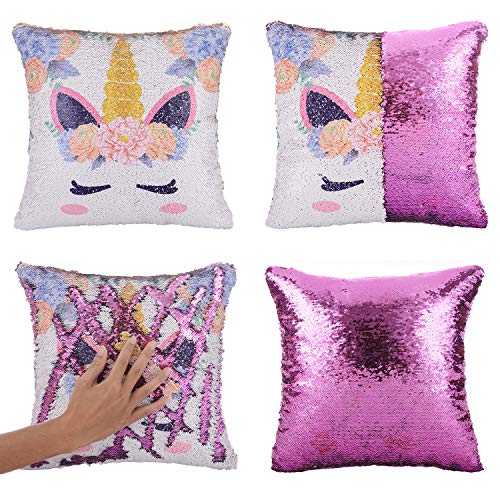 Merrycolor Mermaid Pillow Cover, Unicorn Gifts for Girls Sequin Pillow Cover Throw Cushion Case Decorative Pillowcase That Change Color (Unicorn E -Purple Sequin)