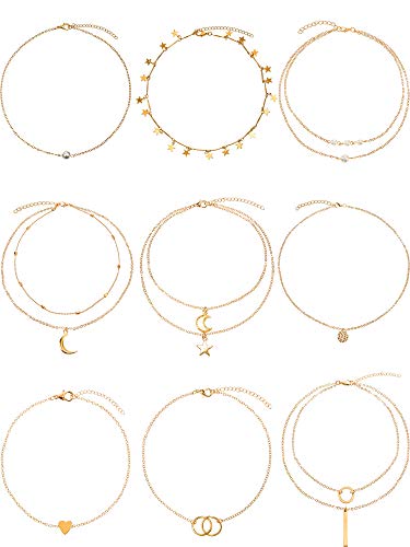 Book Cover BBTO 9 Pieces Gold Layering Chain Choker Necklace Layered Pendant Statement Necklace for Women Girls (Style B)