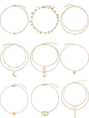 BBTO 9 Pieces Gold Layering Chain Choker Necklace Layered Pendant Statement Necklace for Women Girls (Style B)