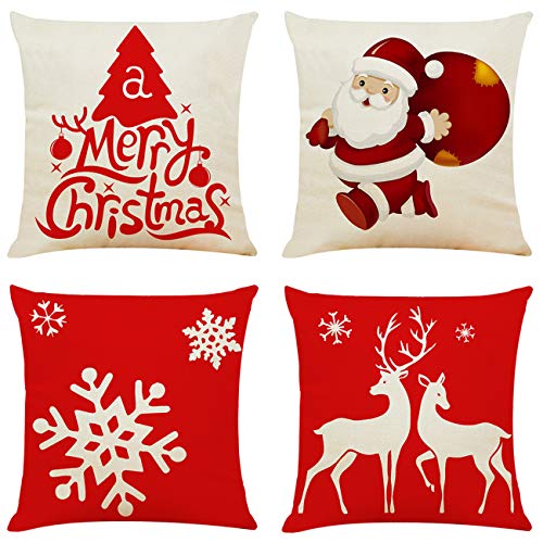 Ogrmar 4PCS 18"x18" Throw Pillow Covers Christmas Decorative Couch Pillow Cases Cotton Linen Pillow Square Cushion Cover for Sofa, Couch, Bed and Car