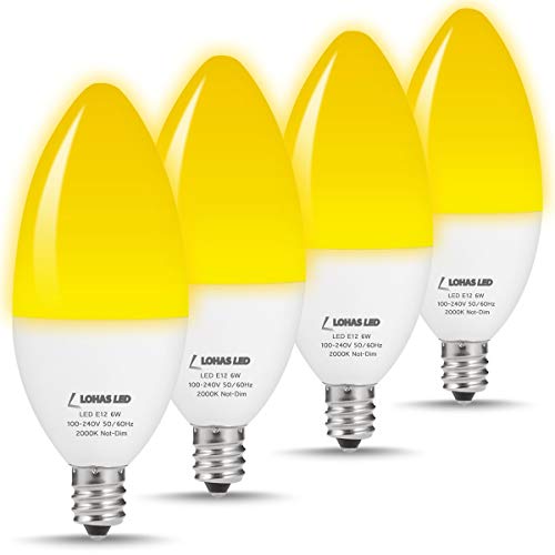 E12 Candelabra Bulb, LOHAS 60 Watt Equivalent Light, 6W Ceiling Fan with Lights, Bug Lights Yellow, 2000K Chandelier LED, 550 Lumens for Halloween Decorative, Bedroom Lighting, Non-Dimmable(4 Pack)