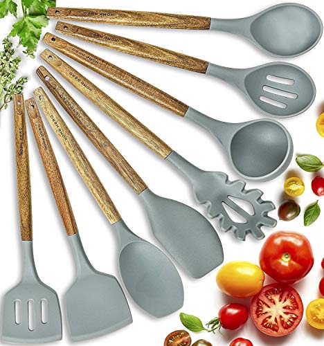 Book Cover Home Hero Silicone Cooking Utensils Kitchen Utensil Set - 8 Natural Acacia Wooden Silicone Kitchen Utensils Set - Silicone Utensil Set Spatula Set - Silicone Utensils Cooking Utensil Set